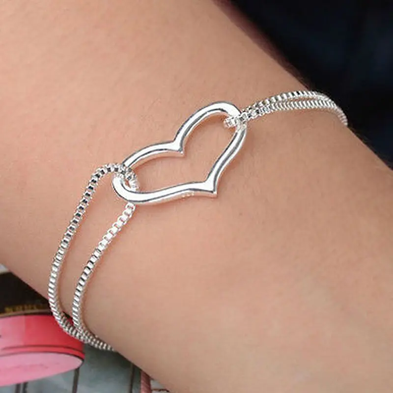 Модные Изящные браслет сердце 925 пробы серебро Цвет Браслеты ювелирные изделия