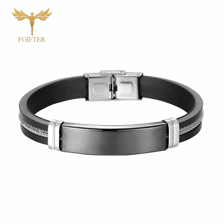 

Fgift Silver Color Stainless Steel Black Silicone Bracelets Double Safe Cuff 17cm 18.5cm, 20cm Length Custom Belt Man Accessory