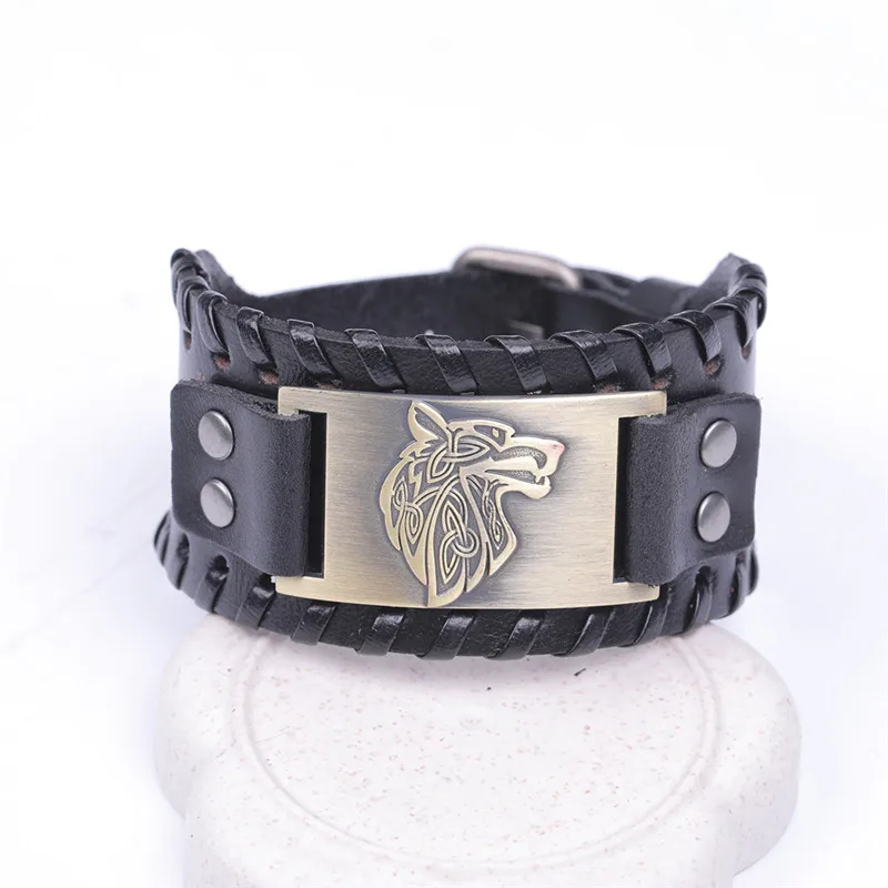 wolf head 2 Skyrim Викинг-волк голова металлический Шарм Широкий Кожаный Браслет-манжета подростковый волк скандинавские регулируемые винтажные браслеты панк ювелирные изделия для мужчин - Окраска металла: wolf head 2
