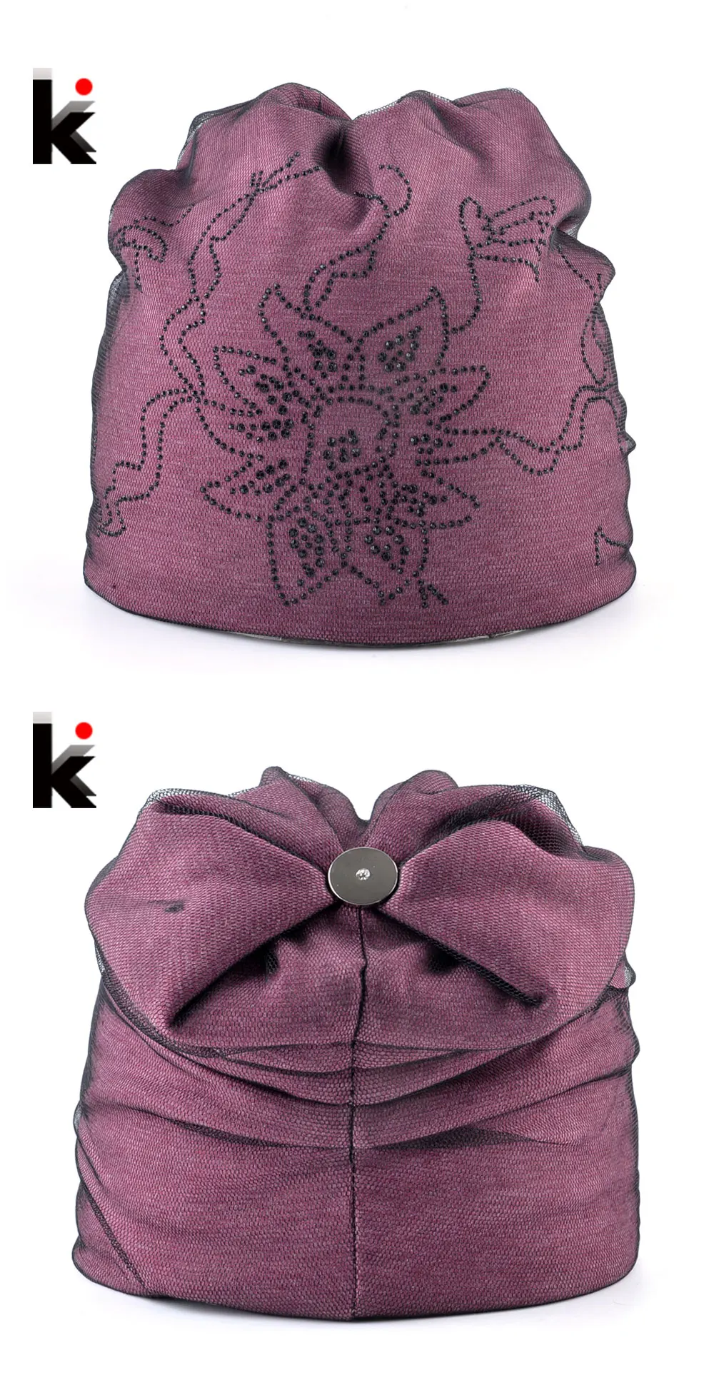Women's Warm Winter Hat Ladies Elegant Beanies With Mesh Fashion Rhinestone Flower Caps Women Streetwear Skullies Bonnet Touca