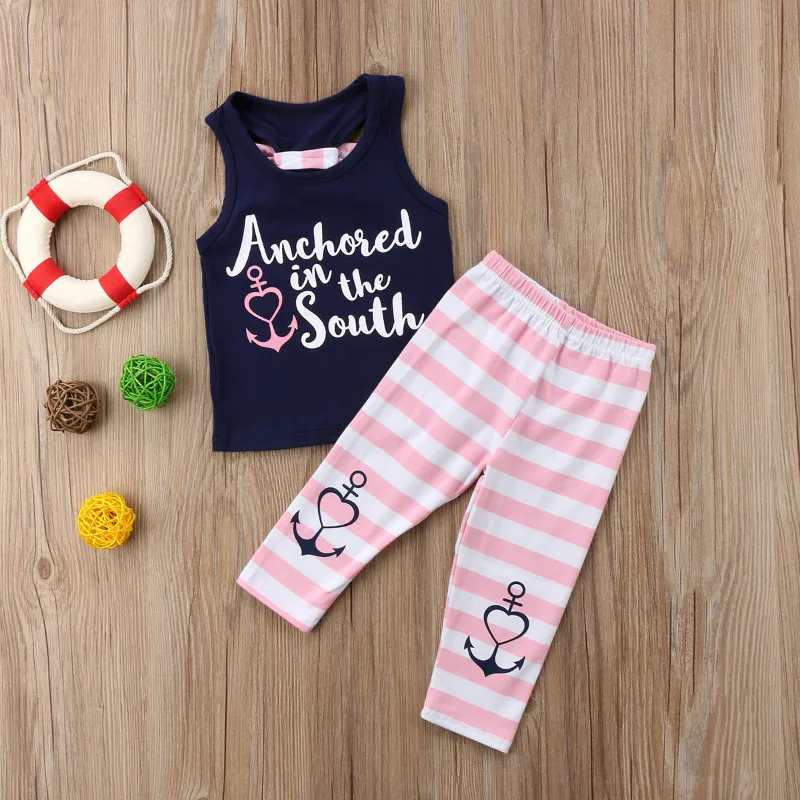 Pudcoco/летний комплект одежды для маленьких девочек полосатая футболка с якорем