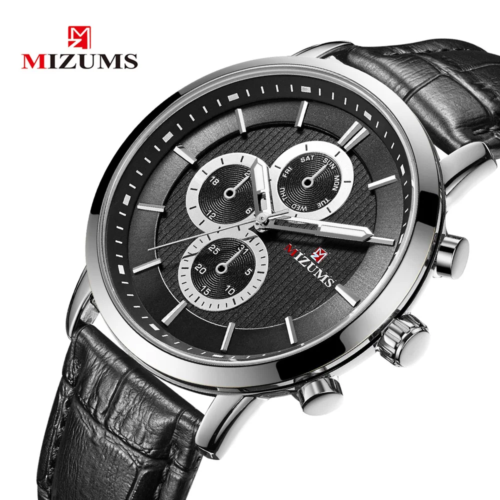Дизайнерские мужские часы деловые наручные роскошный бренд Mizums кожаный ремешок
