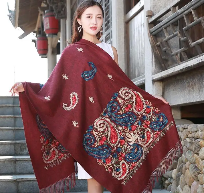 black red 70*200 см,, осенне-зимний шарф с цветочной вышивкой кешью, шаль, шарфы с бахромой, Женский однотонный шарф, брендовый дизайн, Bufanda Mujer - Цвет: black red