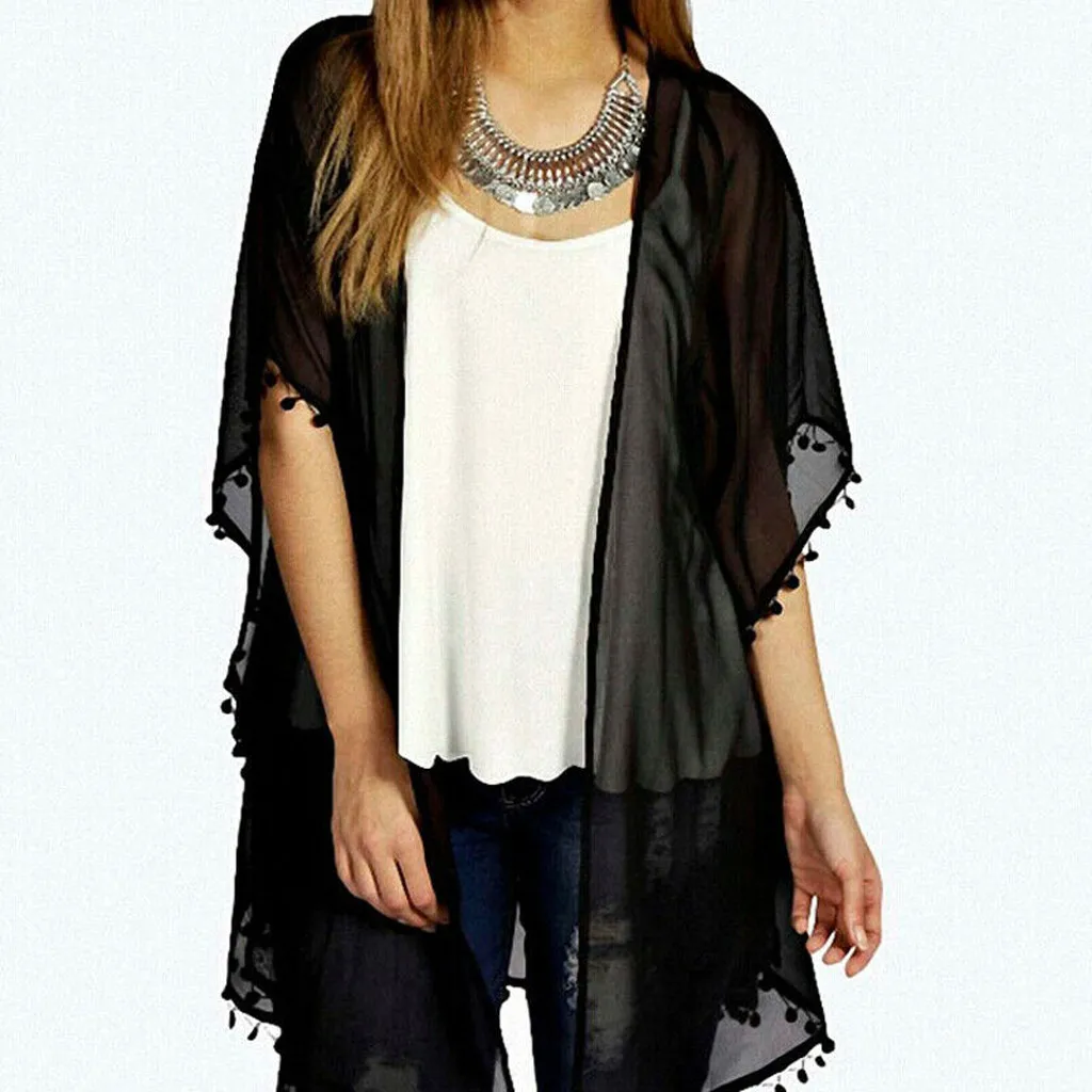 Женская кружевная блузка кардиган Повседневная Свободная прозрачная кимоно с