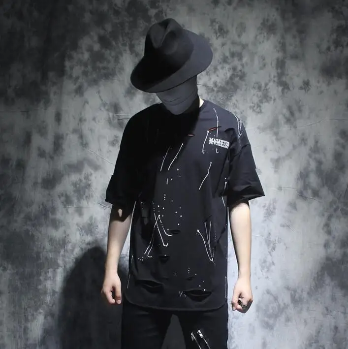 

summer man Personality hole t shirt men tshirt hip hop streetwear short sleeve printing t-shirt men loose t shirts camiseta