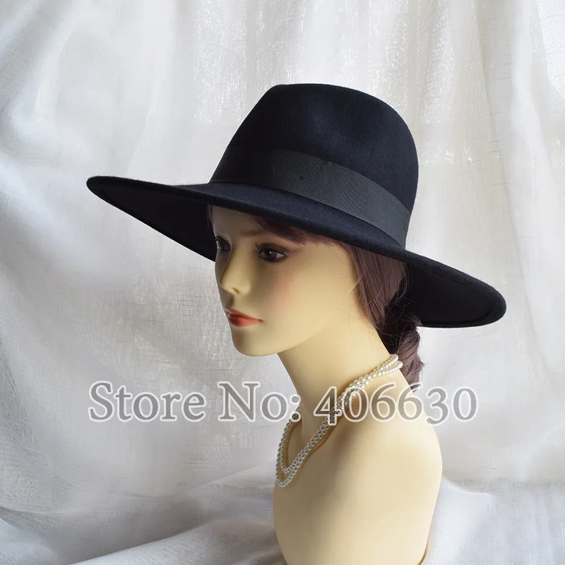 Winter Black Large Brim Wool Felt Fedora Hat For Women Chapeu Sun Beach Panama Hat Free Shipping PWFR001