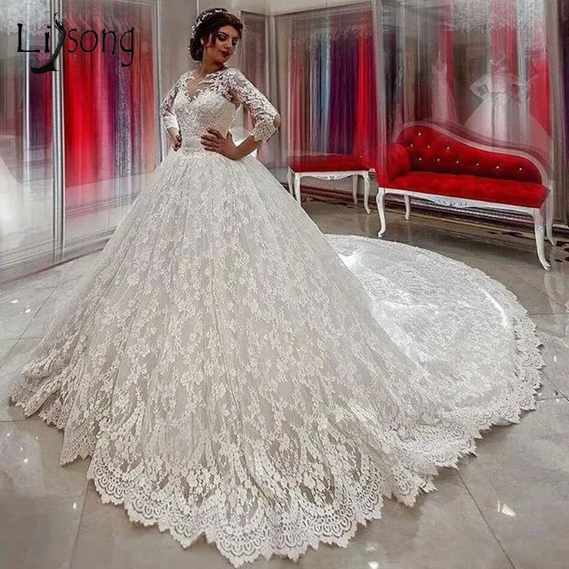 

Vinatge Luxury lace Wedding Dresses 2019 Full Sleeves Big Bow Back Puffy Bridal Gowns See Through Back Vestido De Noiva