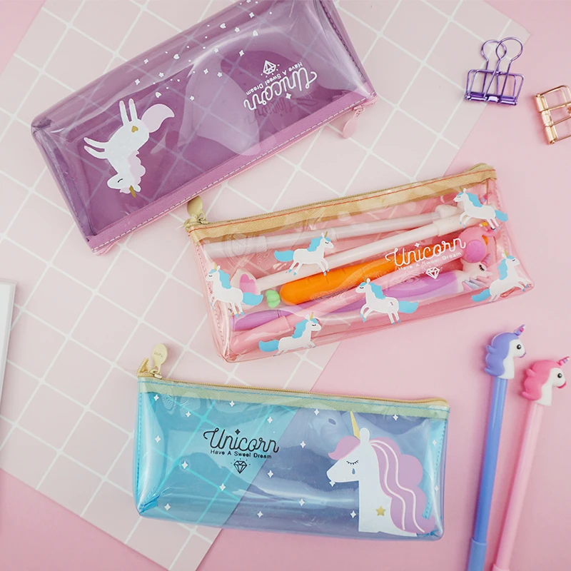 Мультяшный Единорог ПВХ прозрачный пенал для карандашей школьные пеналы девочек