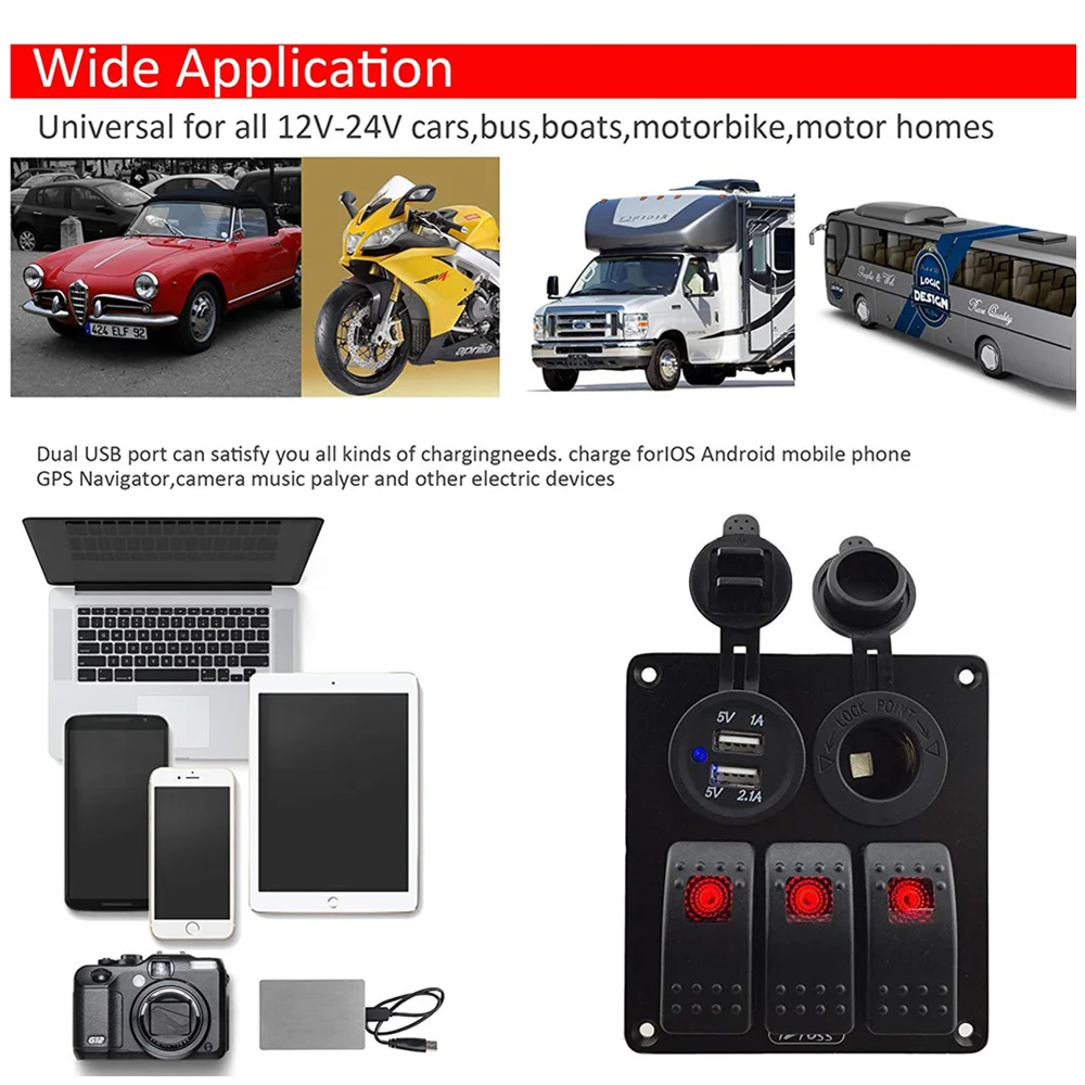 Кулисный Переключатель Панель 3 комплекта 12 24V Мощность разъем Dual USB