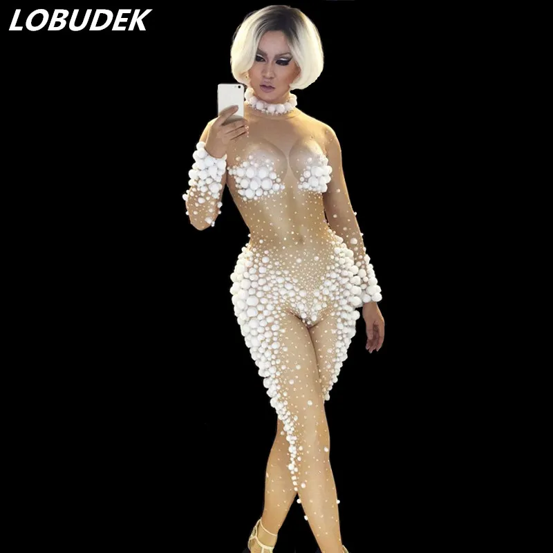 

White ball sexy Jumpsuits Outfit Female costumes Christmas performance show Leotard Singer Dance Nightclub stage bar slim star