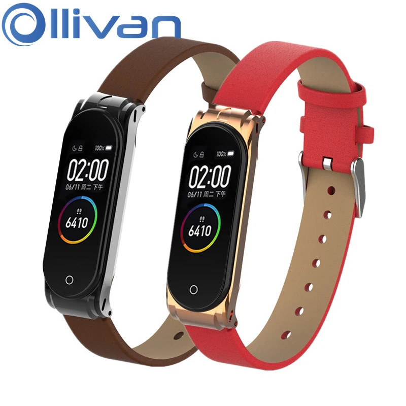 Кожаный браслет смарт для Xiaomi Mi band 4 ремешок с металлической пряжкой спортивный