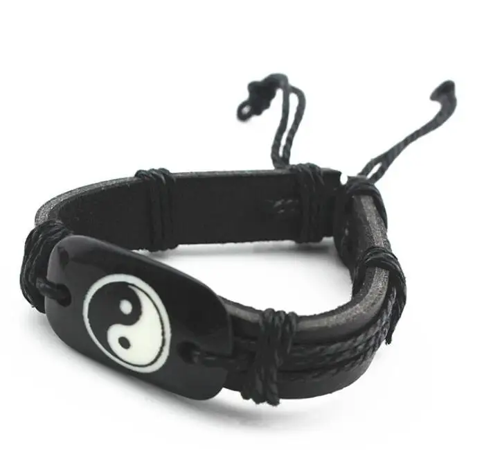 Оптовая продажа крутой мужской и женский кожаный браслет Taoism Tai Chi Yin Yang резной из
