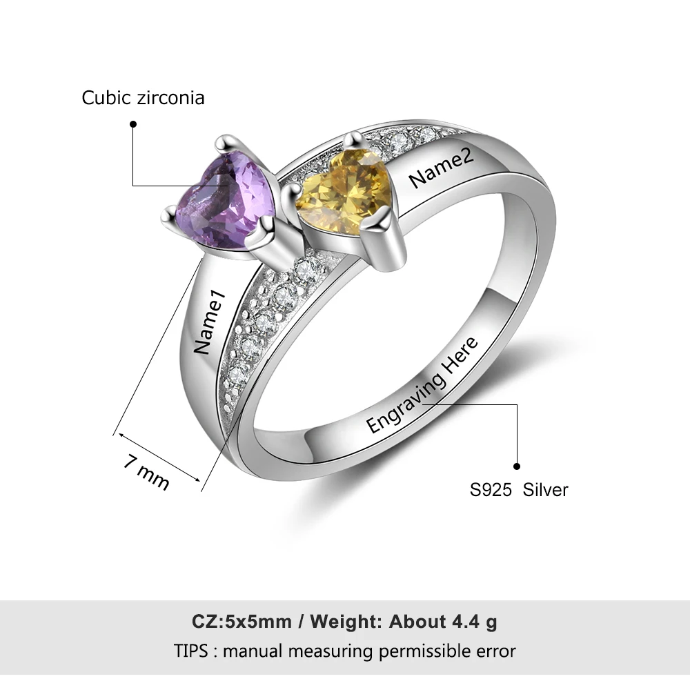 925 Sterling Silver Custom Name Ring with 2 Heart Birthstones Personalized Wedding Engagement Ring Mother Gift JewelOra RI103850