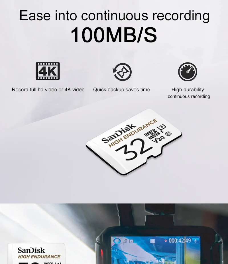 Карта памяти SanDisk microSD высокой выдержки 32 Гб U1 до 100 МБ/с./с 32 Гб 64 Гб 128 Гб Видео высокая скорость класс 10 U3 V30 Full HD 4K