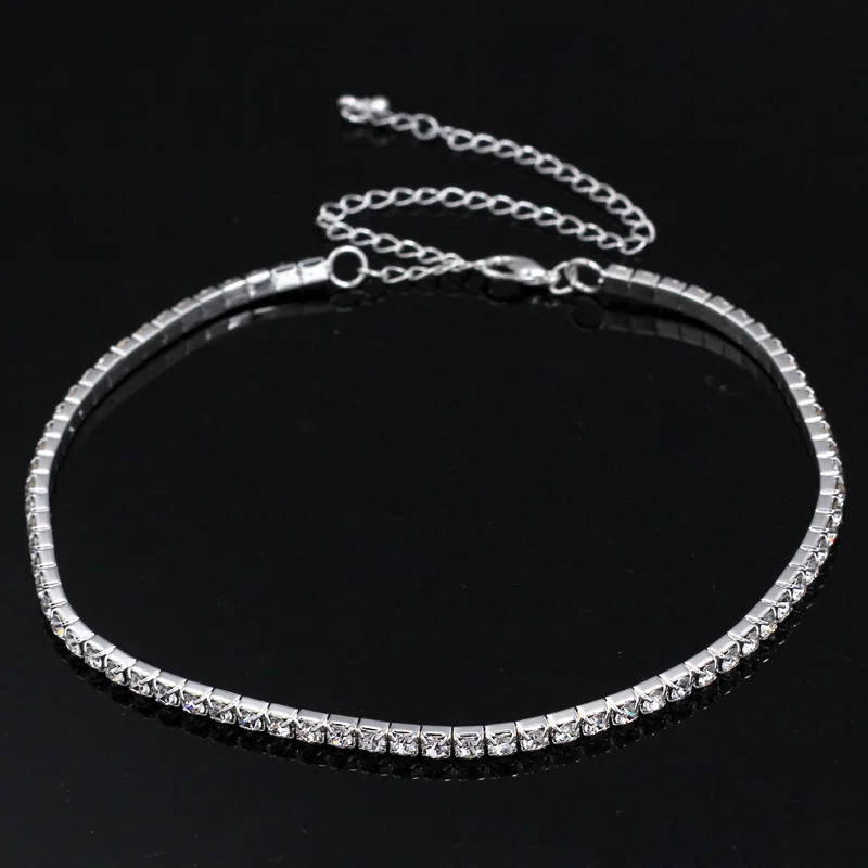 1 row rhinestone BLIJERY Элегантные Свадебные Пром Полный Стразы чокер ожерелье с цепочкой для женщин Серебряный Кристалл колье ожерелье эластичный шнур - Окраска металла: 1 row rhinestone