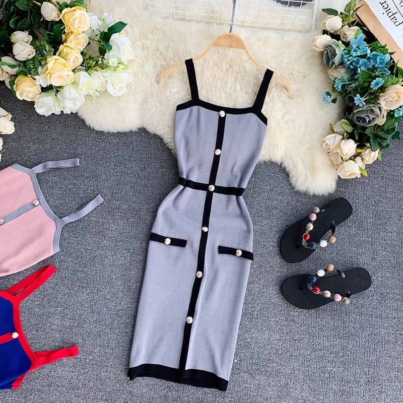 2021 дамы Кнопка сексуальное летнее платье Подчеркивающее фигуру трикотажное Мини