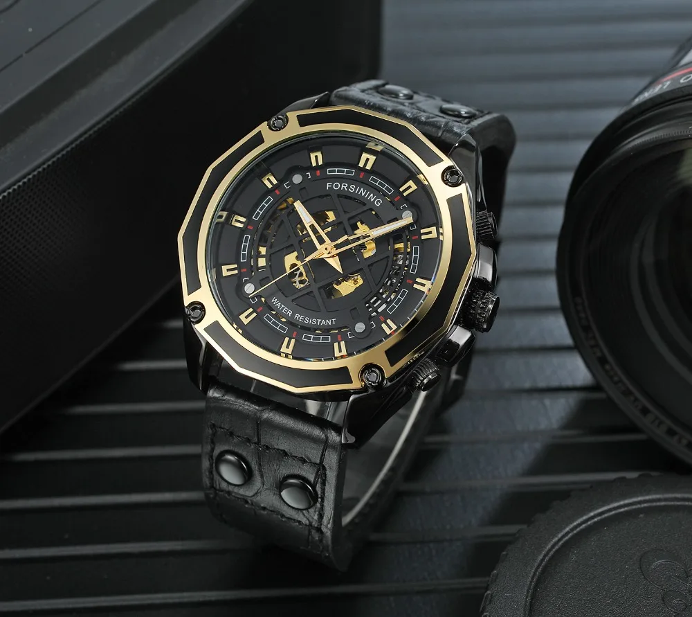 Автоматический механизм Золотой корпус черный из натуральной кожи мужские часы