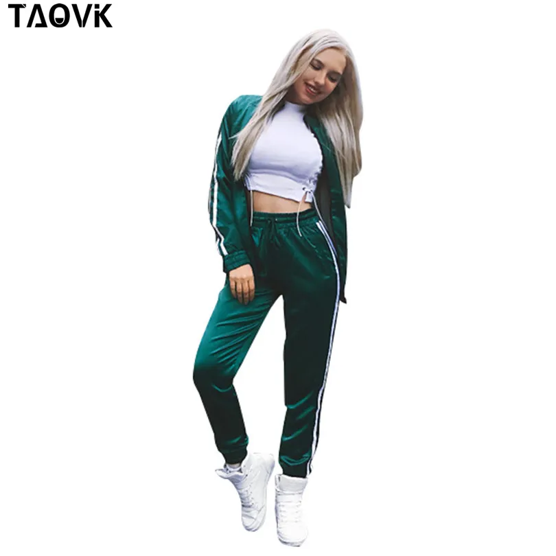 Женские лоскутные костюмы в полоску TAOVK, шелковый костюм с длинным рукавом, куртка на молнии и длинные брюки, комплект из 2 предметов