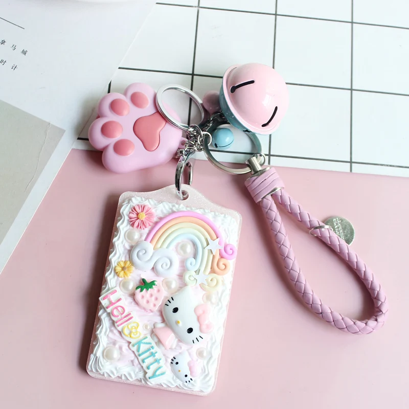 Hello Kitty Keychain Lovely Kt Cat Small Bell Cream Transit Meal Access Credit Card Set Key Buckle Pendant | Украшения и