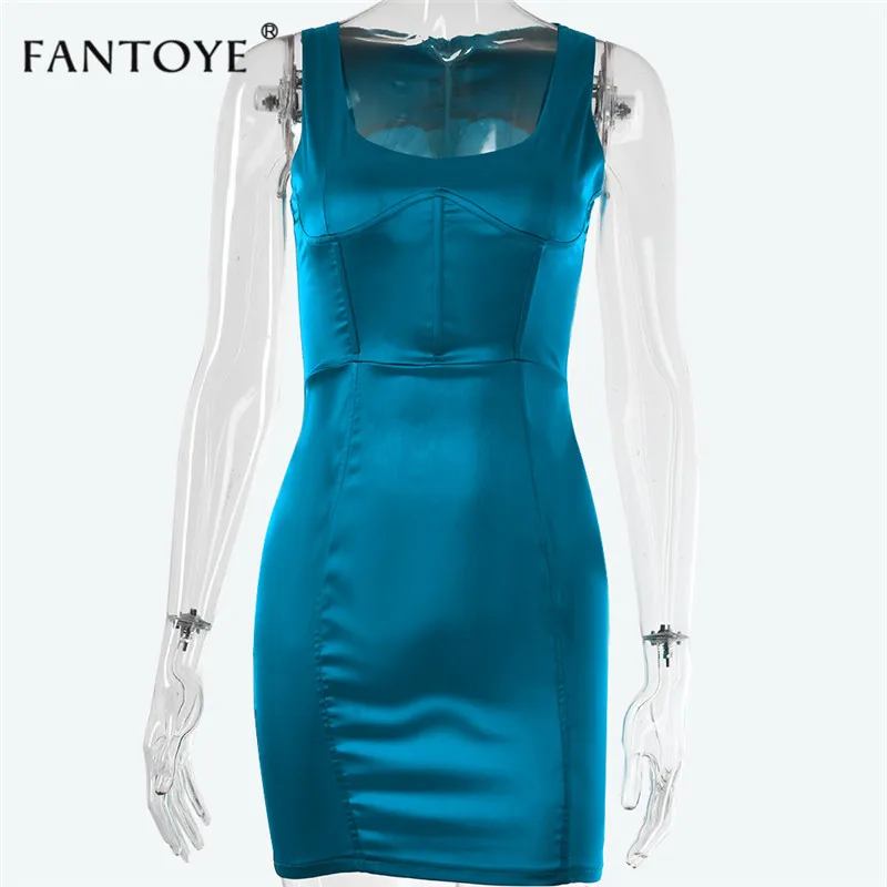 Blue Женское платье для клуба Fantoye, пикантное облегающее платье-футляр из шелка, без рукавов на широких бретелях, с глубоким вырезом - Цвет: Blue
