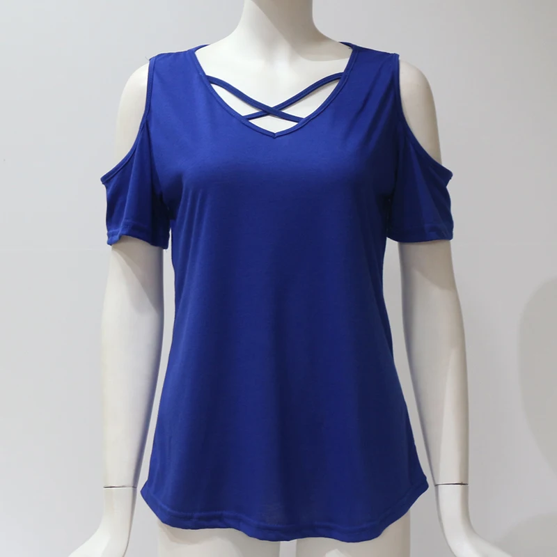 Женская футболка с v-образным вырезом свободная Базовая хлопковая Однотонная