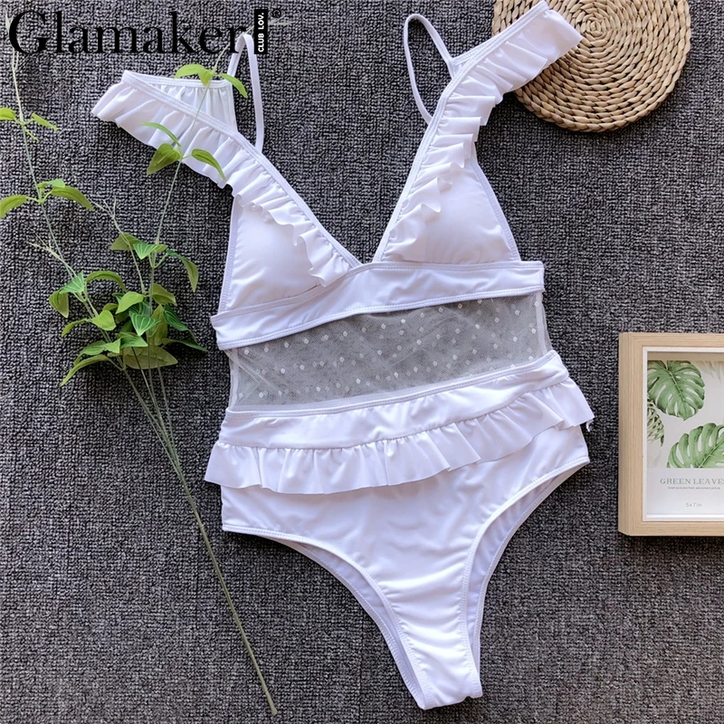 Glamaker с открытыми плечами, сетчатый Цельный боди с высокой талией, белое бикини, сексуальный купальник с оборками, женский купальный костюм с пуш-ап, монокини