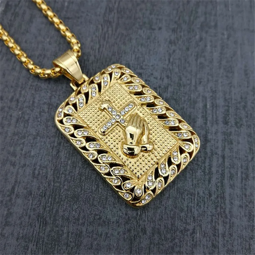 Хип хоп ледяной Bling квадрат Молитва Руки Крест Подвески Ожерелья золотой цвет