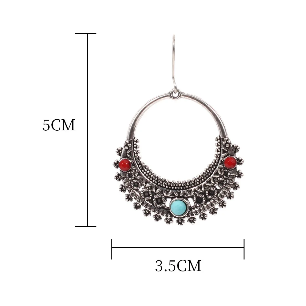 HC Vintage Silver Color Round Drop Statement Earrings Women Bohemian Enamel Flower Carved Antique Girl Boho F | Украшения и