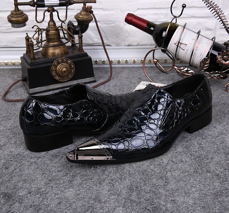 Western Style Pointed Metal Toe Men Dress Shoes Slip On Oxford For Snakeskin Pattern Zapatos Hombre Flat Chaussures | Обувь