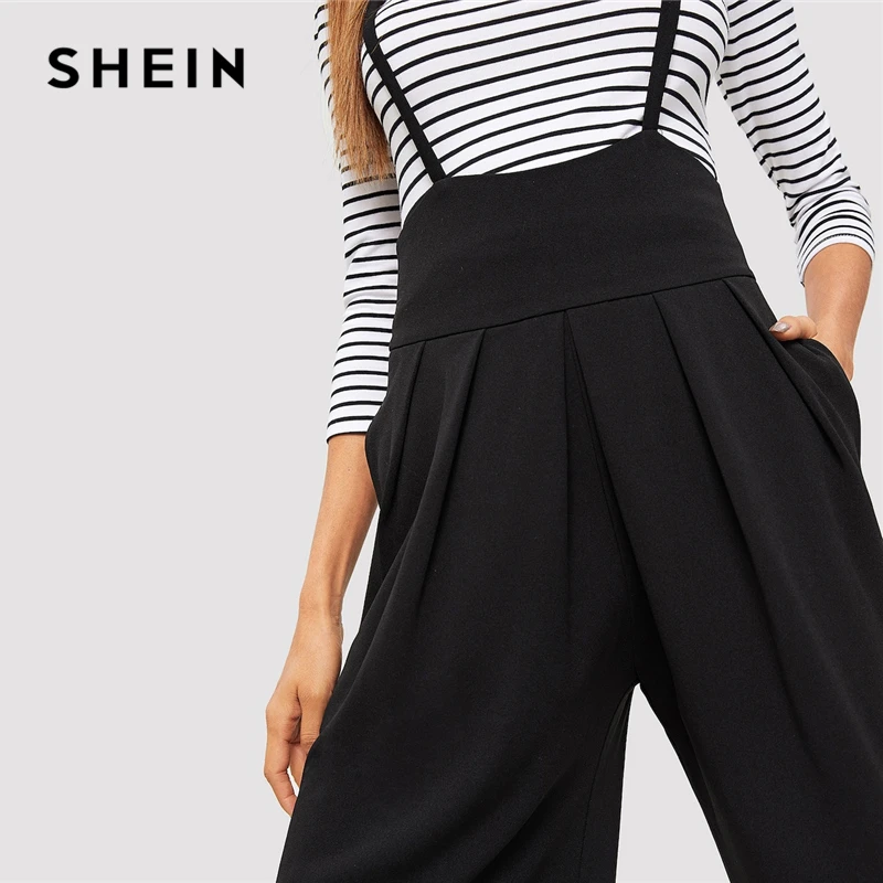 SHEIN Широкие Брюки На Бретельках, Оригинальные Брюки С Карманами, Демисезонные Однотонные Брюки