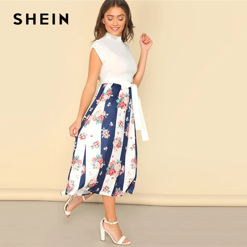 SHEIN Контрастное Цветочное Платье С Узлом И Стоячим Воротником Женское Летнее Многоцветное Повседневное Платье С Поясом