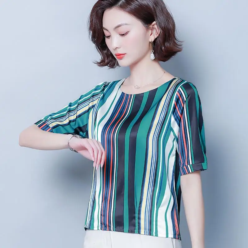 Summer new loose Shirt temperament elegant fashion sweet striped silk slim short-sleeved round neck blouse 4XL |