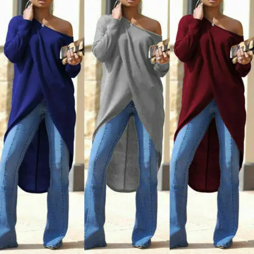 

Women Skew Neck Long Sleeve Blouse Split Asymmetrical Hem Casual Solid Color Tops Female Ladies Fashion Blouse 2019 NEW Arrival