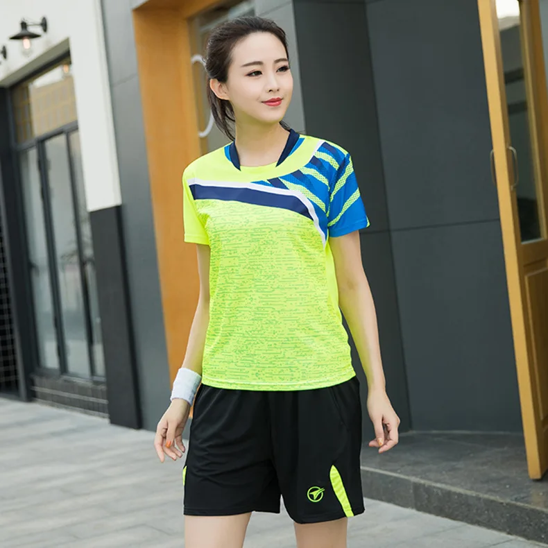 women green shirt Кофта для бадминтона с коротким рукавом костюм для бадминтона для пар спортивные теннисные шорты юбки Спортивная одежда для игры в настольный теннис, футболка - Цвет: women green shirt