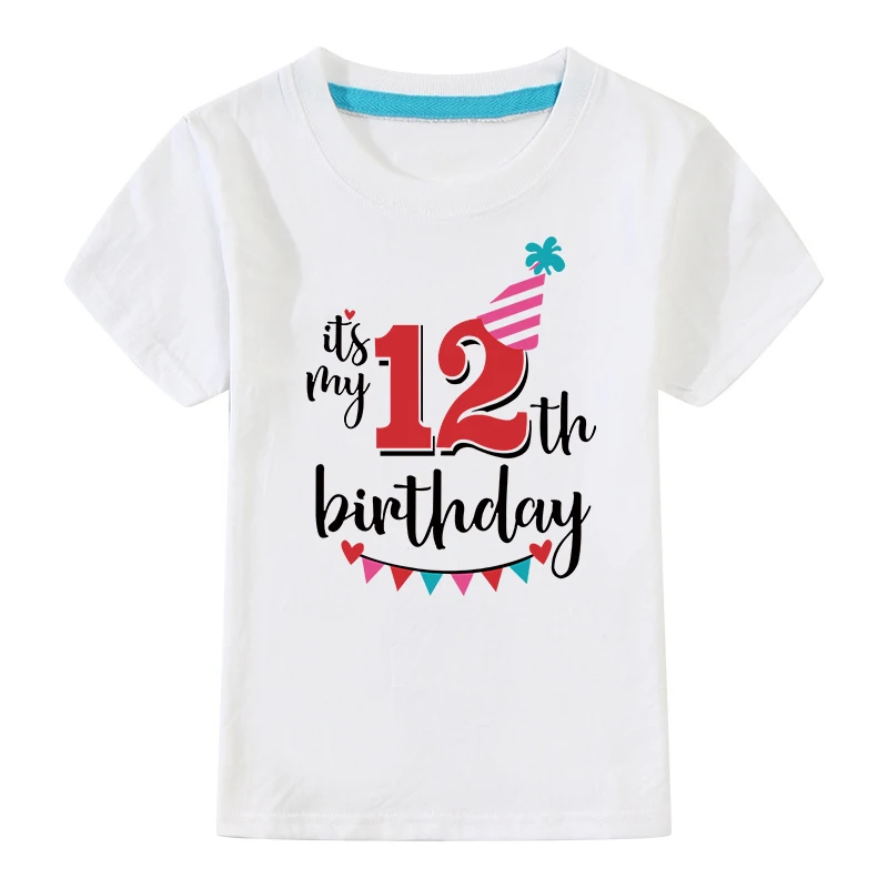 White-12 Birthday Tshirts Girl Short Sleeve Girls 3rd Kids Birthday Shirts O-Neck Fashion Children Tees Shirt For 2 3 4 5 6 7 8 9 10 Year - Цвет: White-12