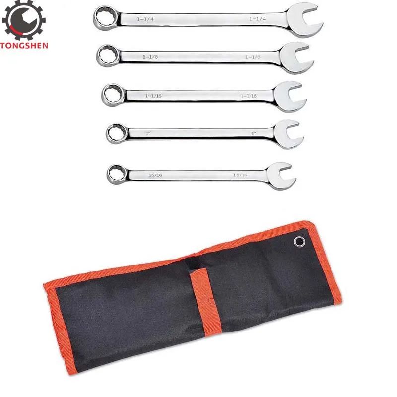 5pce Full Polish Inch Large Size Combination Wrench Set Combination Spanner Ratchet Wrench Set with Tool Bag SAE Ring Wrench enlarge