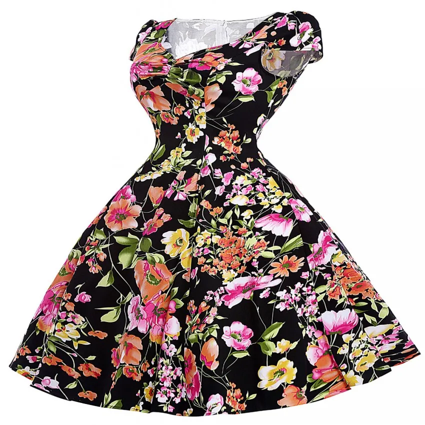 Винтаж Платье Лето 50 s 60 Платья Цветочный Узор Robe Femme Ретро Хлопка С Коротким