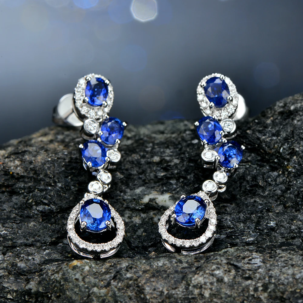 0.37ct бриллиант& 2.02ct Овальный Сапфир 14 K белое золото обручальные серьги-подвески