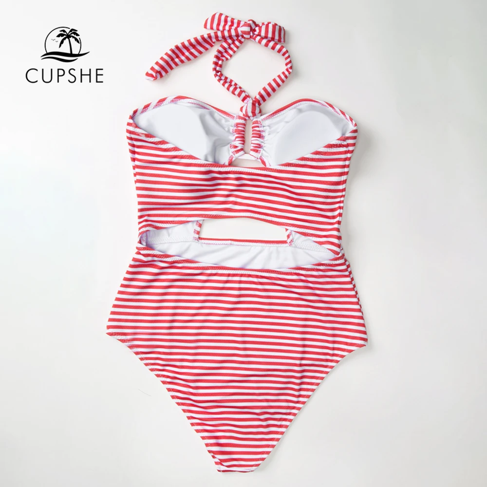 CUPSHE красный и белый полосатый Холтер цельный купальник женский Вырез Монокини