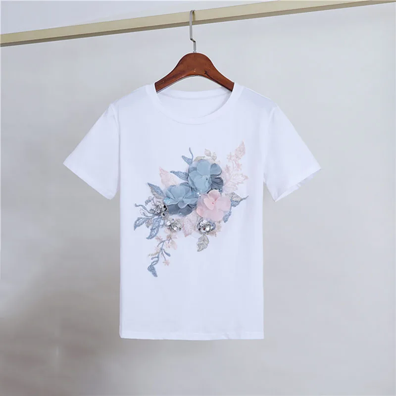 white Новинка, модная женская элегантная футболка с круглым вырезом, женская футболка с цветочной вышивкой, повседневный Топ, футболки размера плюс S-2XL - Цвет: white