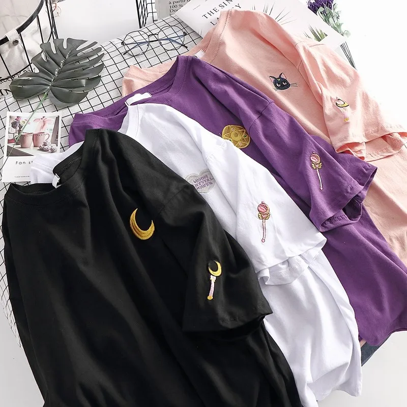 Harajuku Ulzzang Сейлор Мун футболка Топы женские Sumemr свободный стиль Луна кошка вышивка футболки уличная Tumblr
