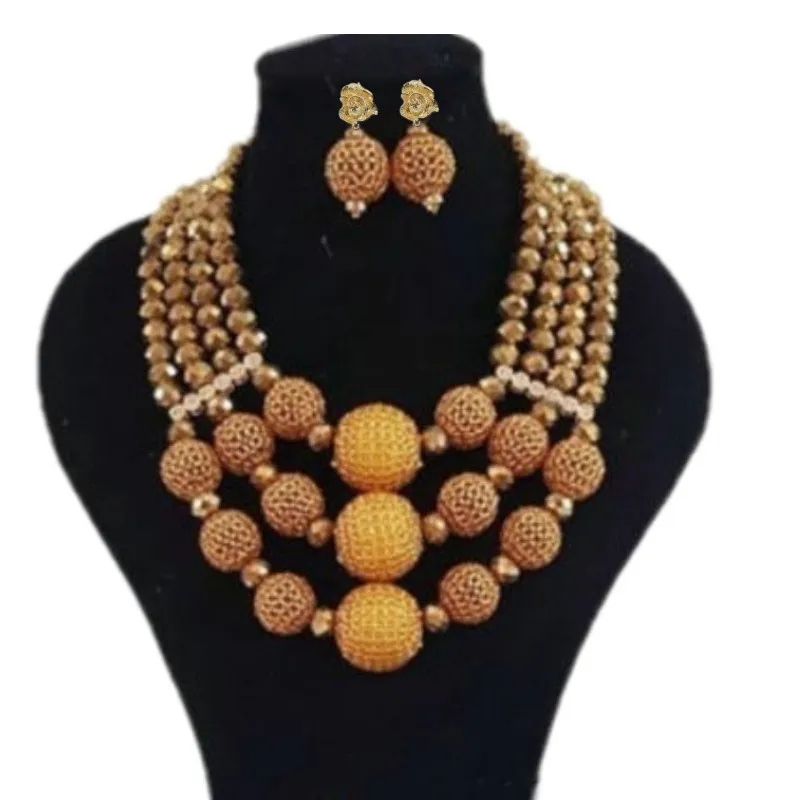 

Dudo 18.8 Inch Gold Nigerian Wedding Beaded Necklace Set African Style Big Balls Bridal Jewelry Set With Bracelet and Earrings