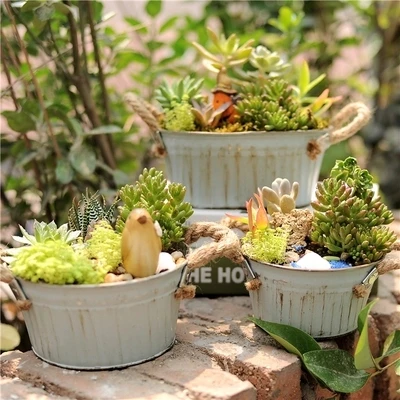 2pcs Rustic Tin Flowerpot Wedding Garden Decoration Bucket Vintage Metal Artificial Flower Plant Succulent Barrel Pot Round Oval