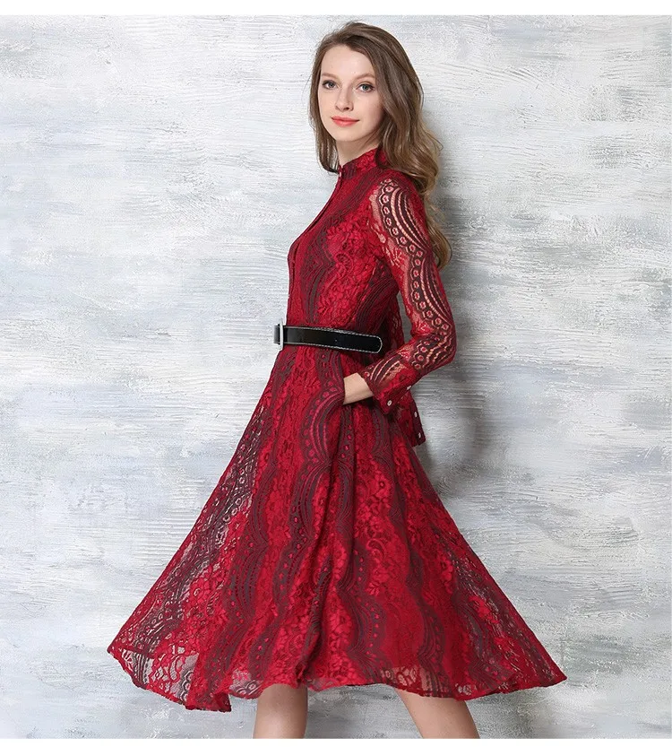Robe Tunique приталенное и расклешенное кружевное платье со стоячим воротником и длинным рукавом для женщин Jurken Vestidos Encaje Mujer