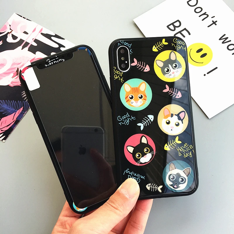 Черный Стекло чехол для iPhone X 10/8 plus, 7, 7Plus закаленное Стекло для iPhone 6 6 S plus чехол lover Кот яркий экран из закаленного стекла - Цвет: colorful cat