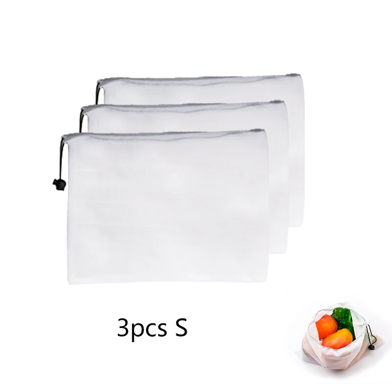3pcs small 3 шт многоразовые мешки для овощей, фруктов, экологически чистые хозяйственные игрушки, сетчатые мешки для производства, кухонные сетчатые сумки для хранения - Цвет: 3pcs small