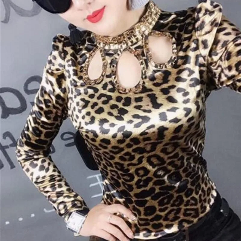 

Женская ажурная леопардовая блузка, ажурный топ с леопардовым принтом и воротником-стойкой, с длинным рукавом, весна 2019