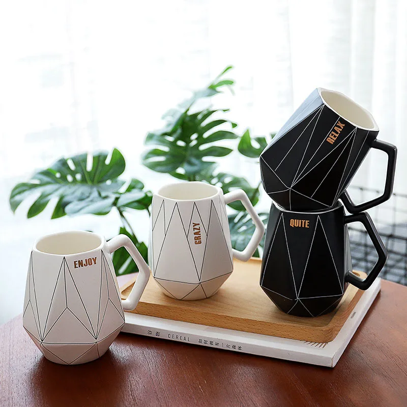 

Creative Polygonal Ceramic Mug Office Coffee Milk Cup Couple Lovers Cute Cups Line Letter Drinking Cup Gifts for Valentine's Day