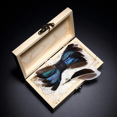 tie brooch woodenbox Новинка,, модный мужской высококачественный индивидуальный уникальный натуральный галстук-бабочка с перьями, брошь, набор для свадебной вечеринки - Цвет: tie brooch woodenbox