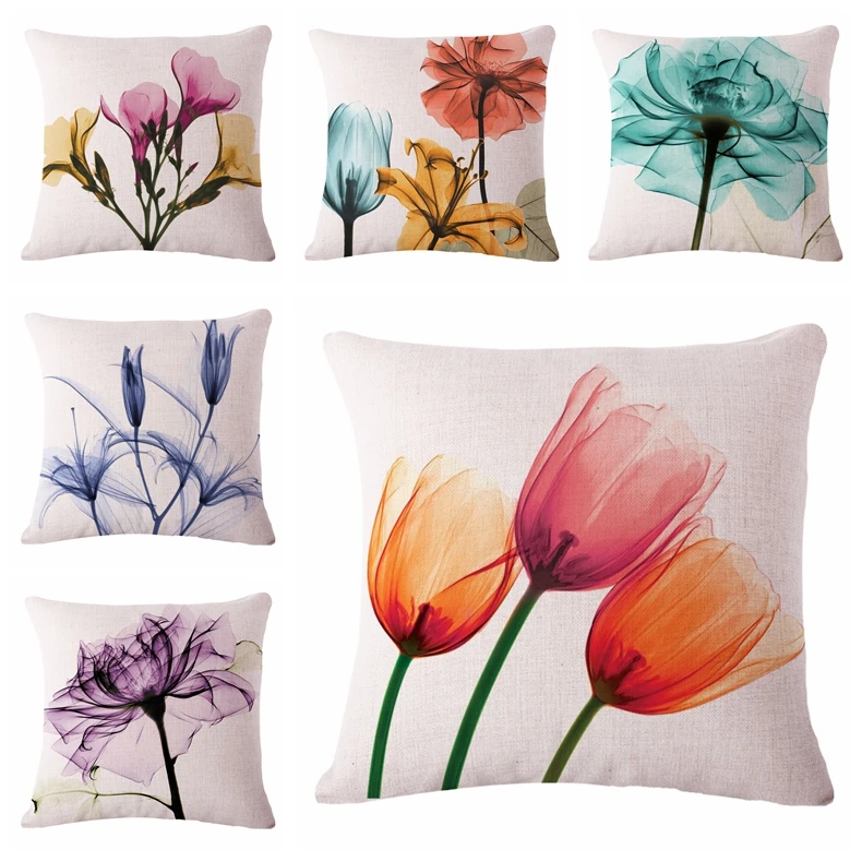 

Beautiful Watercolor Flower Cushion Cover Print Linen Affection Sofa Seat Home Decorative Throw Pillow Case Housse De Coussin